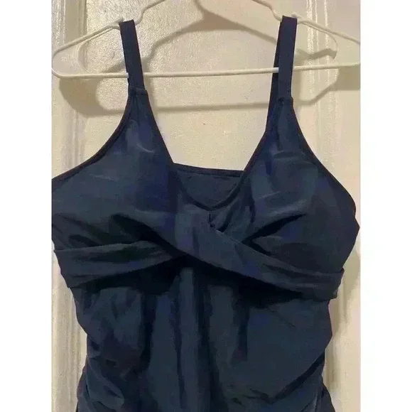 Navy Tummy Control V-Neck Ruched Tie Knot Skirt Swimdress Swimsuit NWT Size XL - Picture 5 of 10